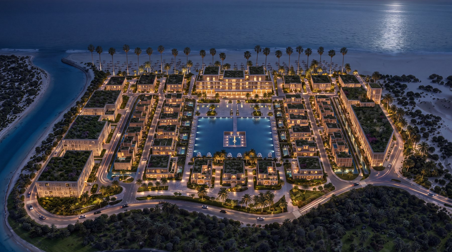 The Mira Ocean Estates master plan lit at dusk