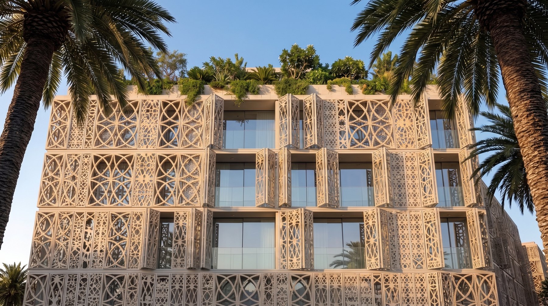 Residence façades with mashrabiya screens beneath the palms