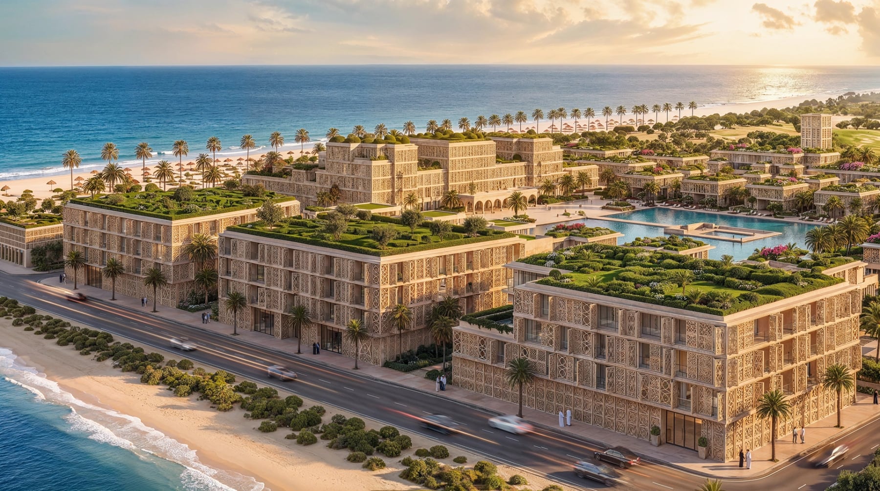 Les résidences de marque de Mira Ocean Estates derrière des moucharabiehs, au-dessus de la route côtière au coucher du soleil