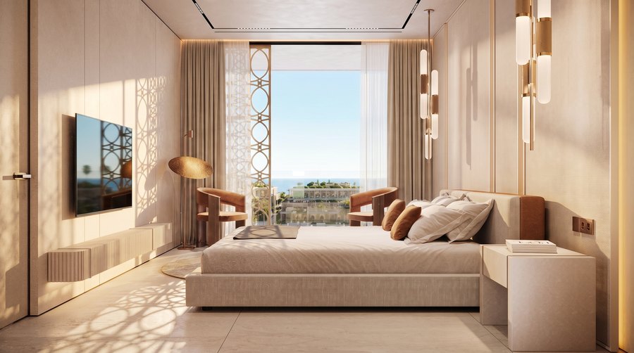 A fully furnished bedroom with mashrabiya screening