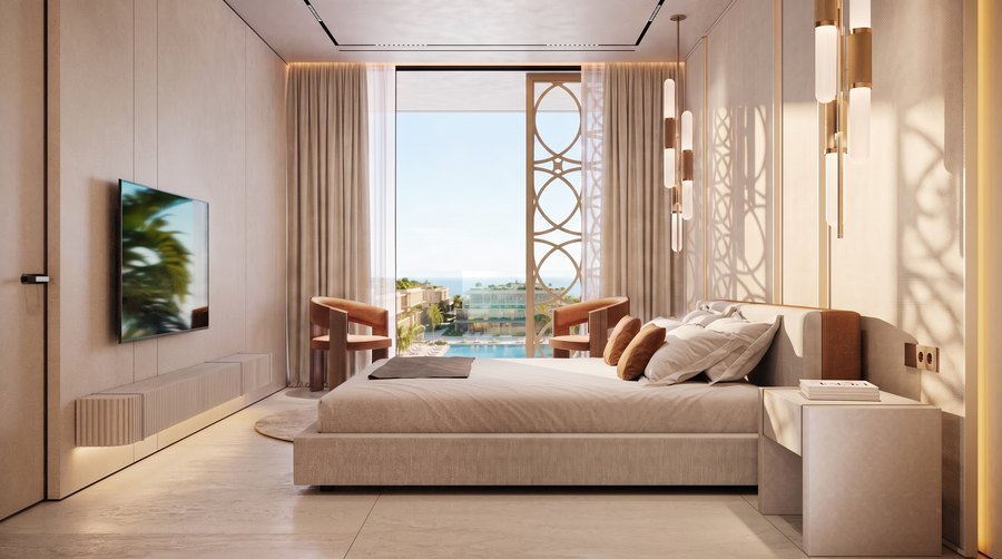 A bedroom looking out towards the Arabian Sea