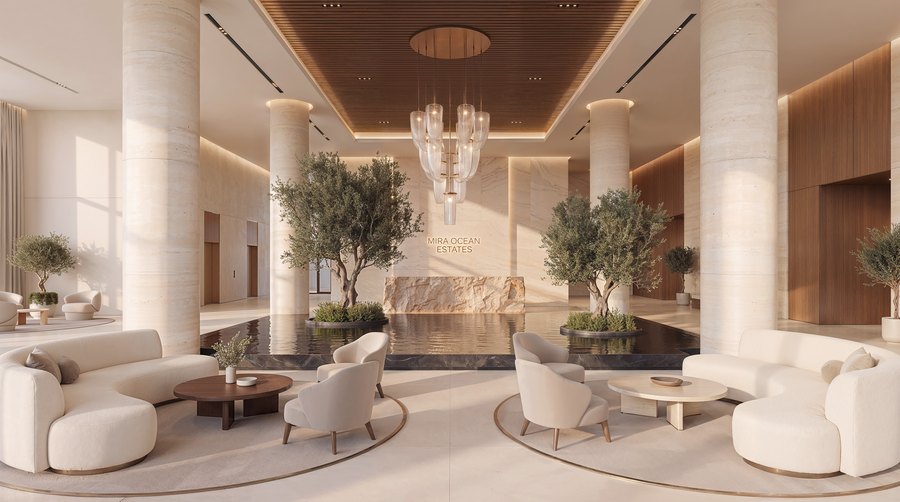 The five-star hotel lobby at Mira Ocean Estates