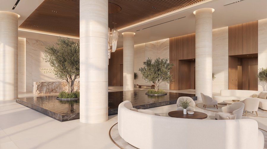 Seating beneath the lobby colonnade