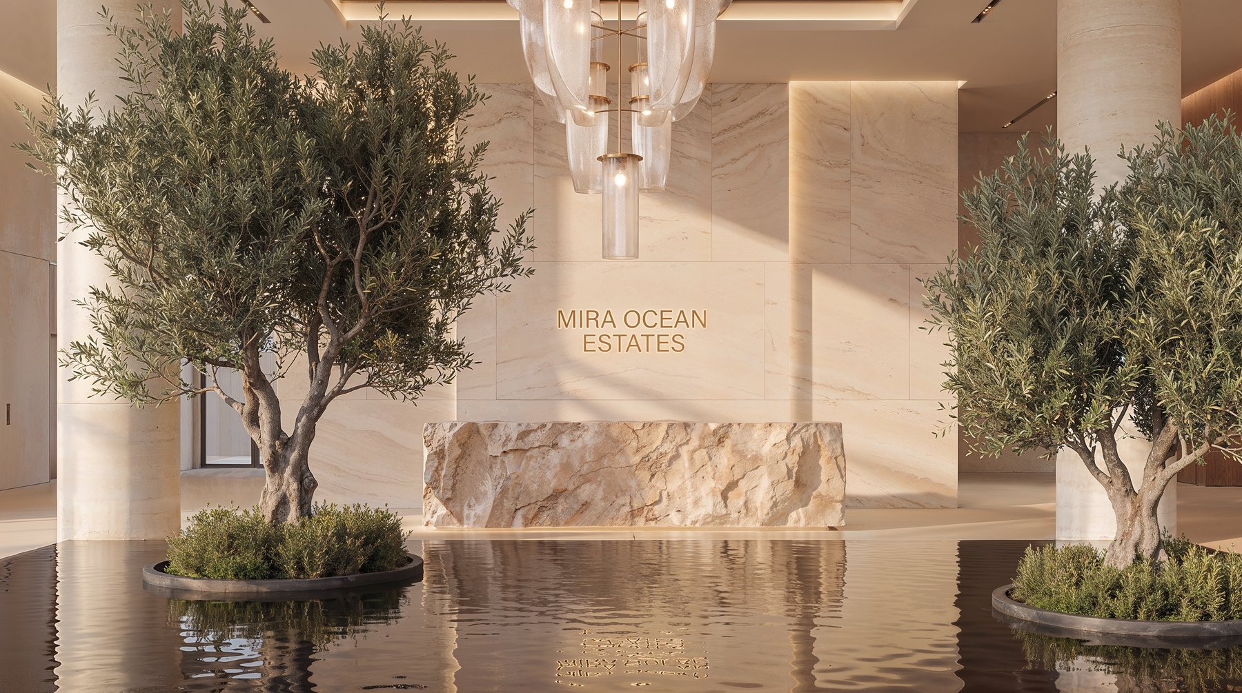 The arrival lobby at Mira Ocean Estates with its water feature